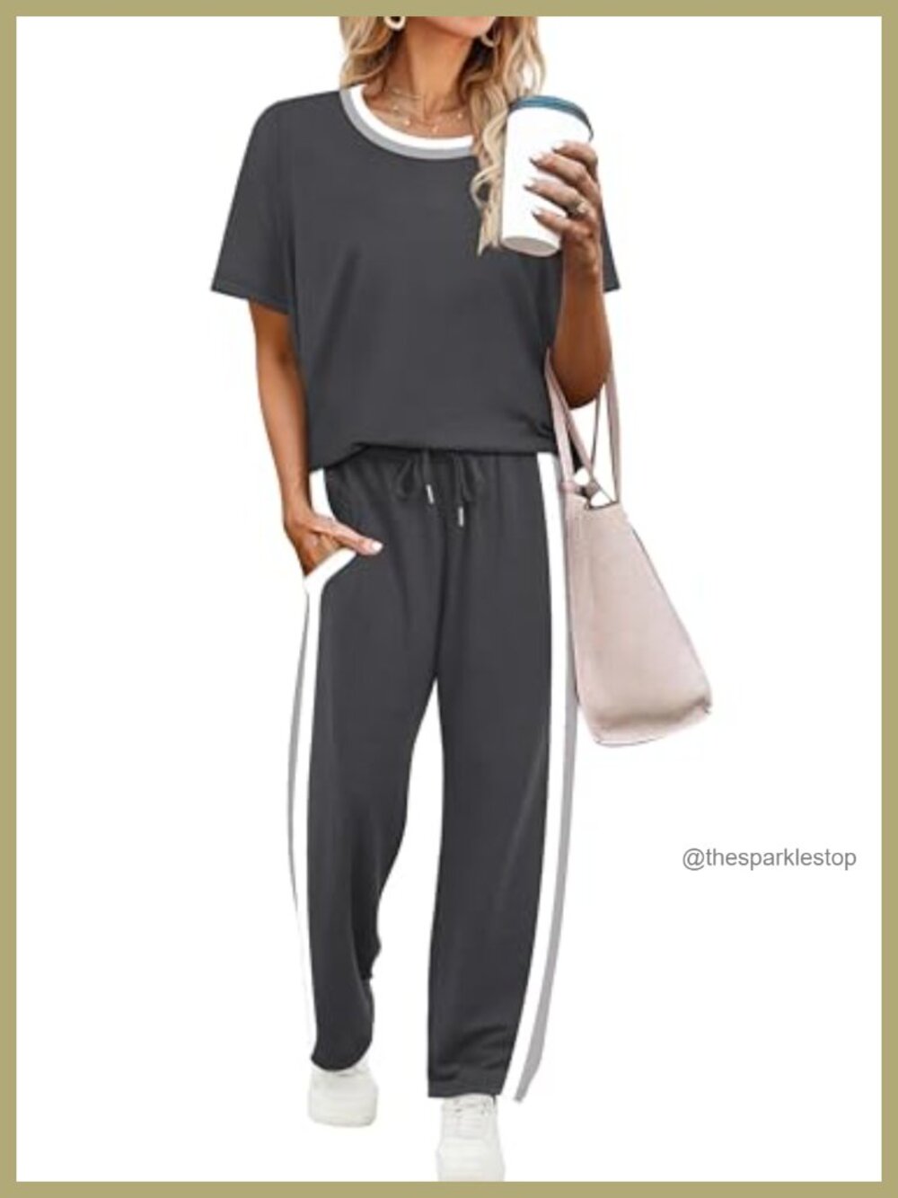 Two Piece Lounge Set Short Sleeve Top Wide Leg Crop Pants Pockets